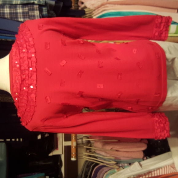 ANN TRINITY ♡ Gorgeous Red Ribbon Sequin Embellished Bling Button Front Blouse M - Picture 10 of 16